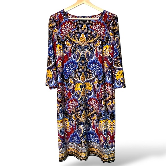 TALBOTS Paisley Print 3/4 Sleeve Jersey Knit Sheath Dress Popover Style Sz LP - Picture 3 of 12